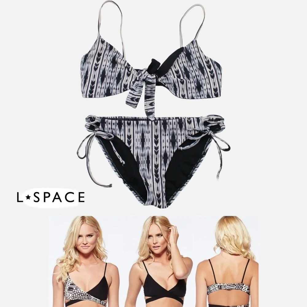 L*Space Black White Tribal Print Outlaw Full Cut Bikini 2 PC Set Size Small - Picture 8 of 10
